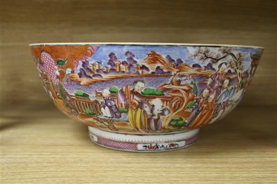 A Chinese famille rose mandarin pattern punch bowl, Qianlong period, diameter 32.5cm, chipped and cracked